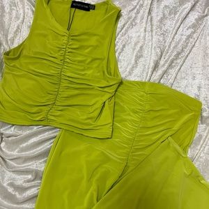 Bodycon Lime Green Slinky Ruched Front Maxi Skirt and Crop Top Set - SZ 6 M